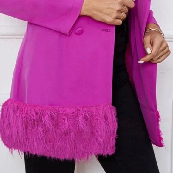 violet Lapel Neck Fuzzy detailed hem Double Breasted Blazer - Picture 5 of 6